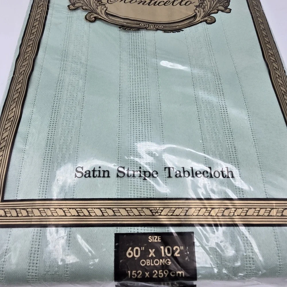 Vtg Monticello‎ Satin Stripe Tablecloth 60x102 Oblong Sage Green MCM Cottagecore